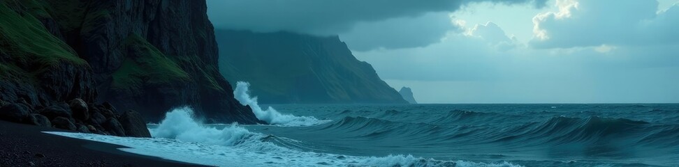 Dark stormy sea with towering rocky cliffs in the distance, mountainous, in, stormy
