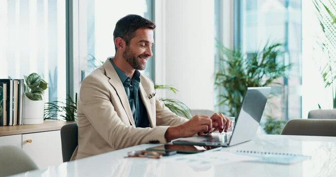 Laptop, smile and typing with business man in office for financial records, accounting report or review. Company admin, stakeholder solution and online with employee for planning project and research