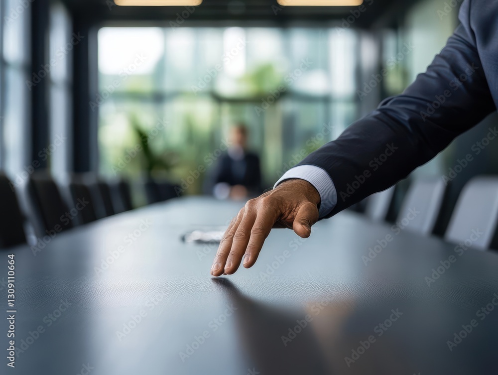 Poster business professional in elegant suit engaged in discussion while pointing at table surrounded by no
