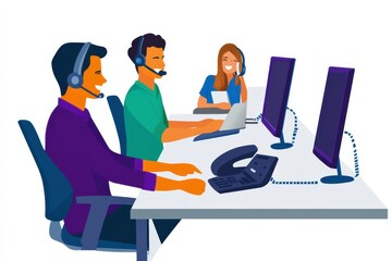 Team Working at Call Center with Headsets and Computers in Use