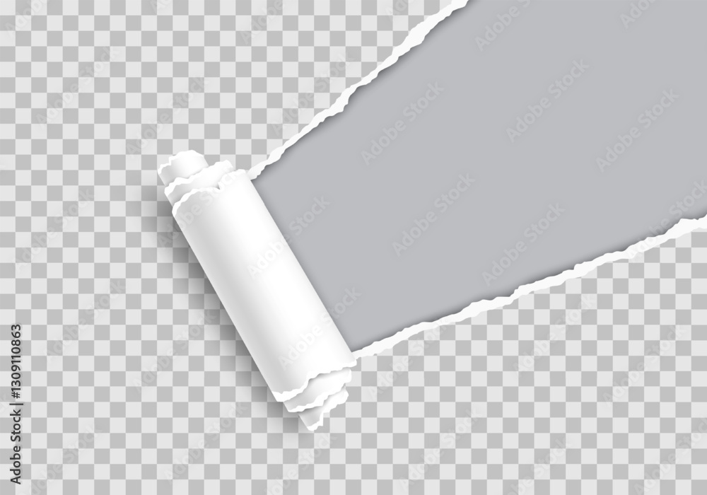 Poster realistic vector of a torn hole with a rolled edge. ripped paper with a curled fragment. template fr