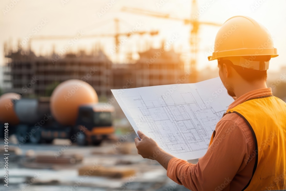 Poster focused construction worker analyzing detailed blueprint amidst ongoing project site surrounded by t