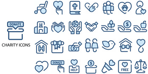 Charity simple concept 28 colour icons set. Contains such Disabled, elderly people, animals, orphans help. Charity, medical aid, land improvement, trees planting, humanitarian .Vector illustration.