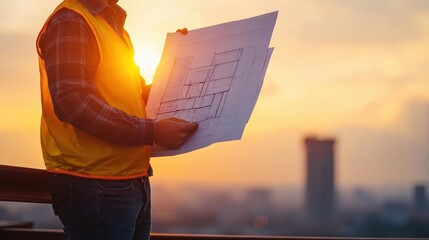 Focused construction worker intently examining detailed blueprint on construction site showcasing determination and expertise in building and planning