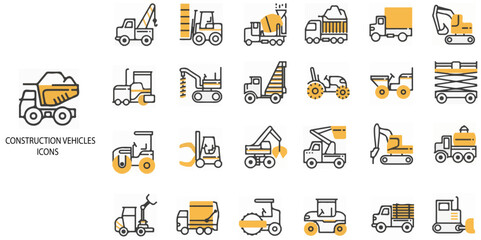 Construction Vehicle Mono Flat simple concept 24 colour icons set. Contains such truck, crane, excavator, machinery, equipment .Vector illustration.