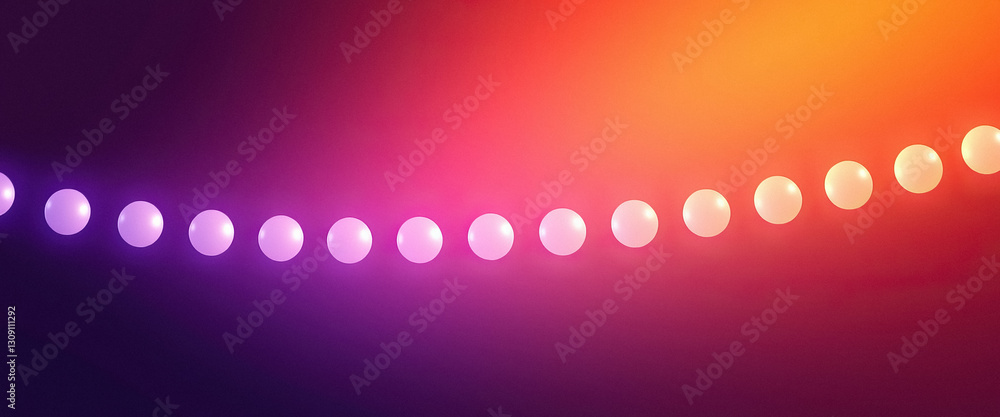 Poster string of illuminated spheres curves across vibrant gradient background blending from purple to oran