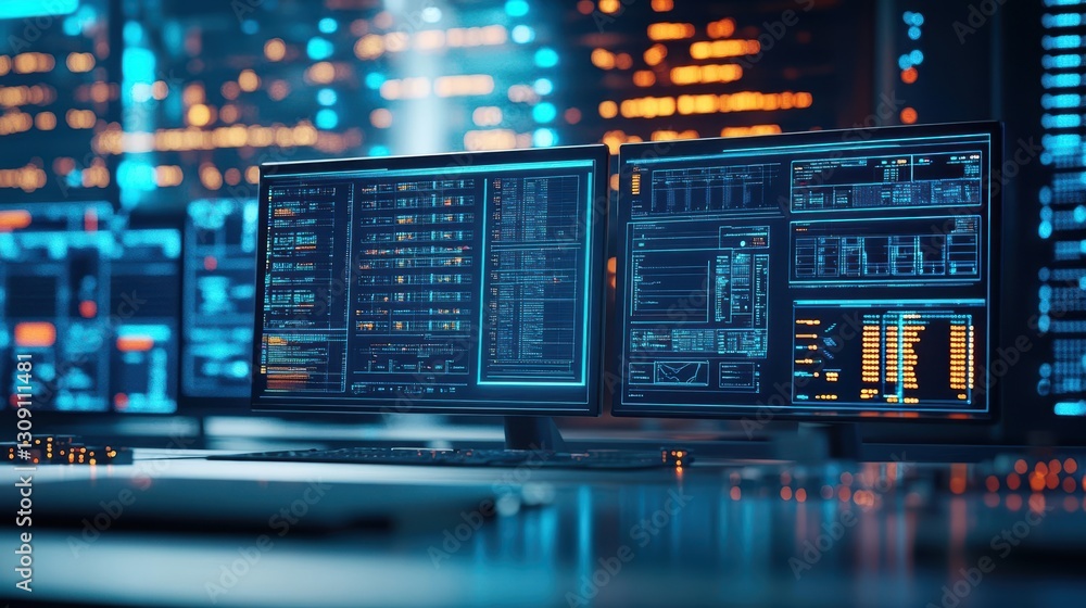Poster vibrant computer screen glowing against dark blue background creating a modern and futuristic atmosp