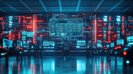 Obraz premium Futuristic Room Bathed in Vibrant Red and Blue Lights Creating an Immersive High-Tech Atmosphere Perfect for Modern Living and Creative Inspiration