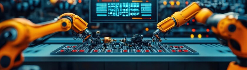 Futuristic Robots Engaged in Collaborative Work at High-Tech Computer Station in Modern Office Environment Showcasing Innovation and Advanced Technology