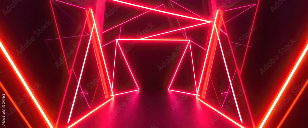 Poster futuristic tunnel with glowing red neon lights geometric pathway in dark abstract space