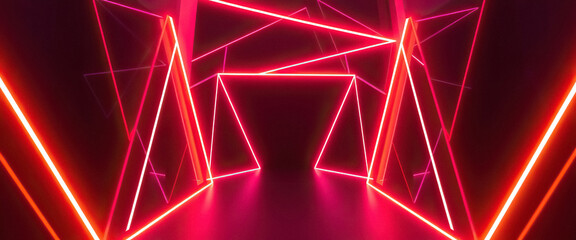 Futuristic tunnel with glowing red neon lights geometric pathway in dark abstract space