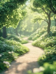 A winding forest path surrounded by lush green vegetation and trees