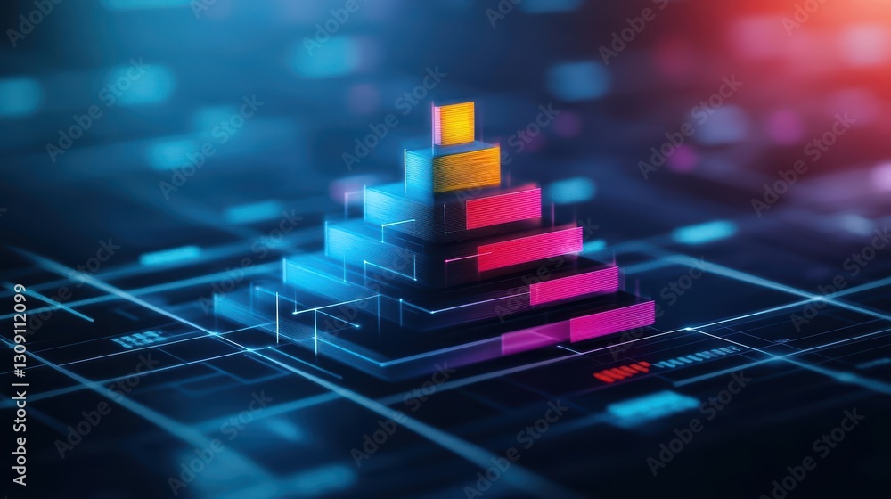 Poster futuristic 3d building positioned above intricate computer circuitry symbolizing technology integrat