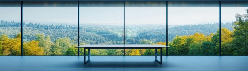 Fototapeta premium Cozy Table Set Near Large Window Offering Breathtaking View of Lush Green Forest Creating a Tranquil and Inviting Atmosphere for Relaxation