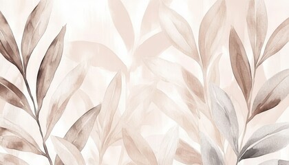 Beige, Brown And Grey Watercolor Foliage Background, Gentle And Detailed Nature Illustration