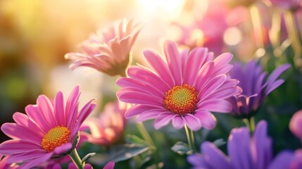 Radiant Daisy Garden: A Symphony of Pink and Purple Petals in Sunlight
