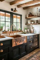 Fototapeta premium Rustic kitchen with open shelving, a large farmhouse sink, and copper accents for a charming feel