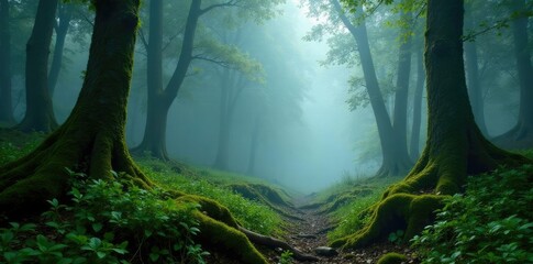 Obraz premium Foggy forest landscape with overgrown vegetation and moss-covered trees, misty, earthy, nature