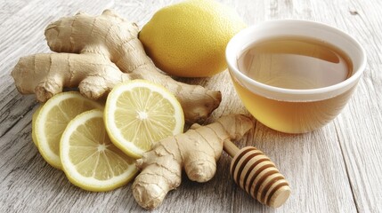 A cup of herbal tea with fresh ginger, honey, and lemon slices on a rustic wooden table.