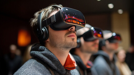 Immersive virtual reality experience with participants wearing headsets, showcasing innovation and technology in workshop setting