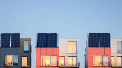 Fototapeta premium Modern Apartment Buildings With Solar Panels on Rooftops under Blue Sky