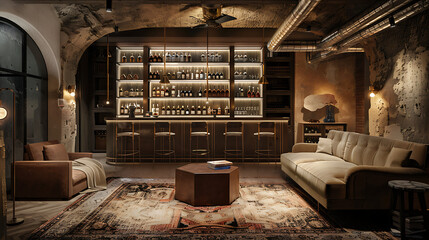 A cozy underground speakeasy bar with vintage decor and dim lighting