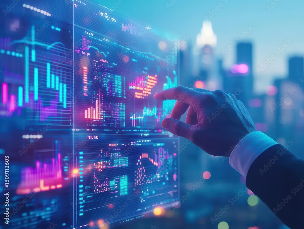 Poster a close-up view of a hand interacting with a digital screen displaying a financial chart symbolizing