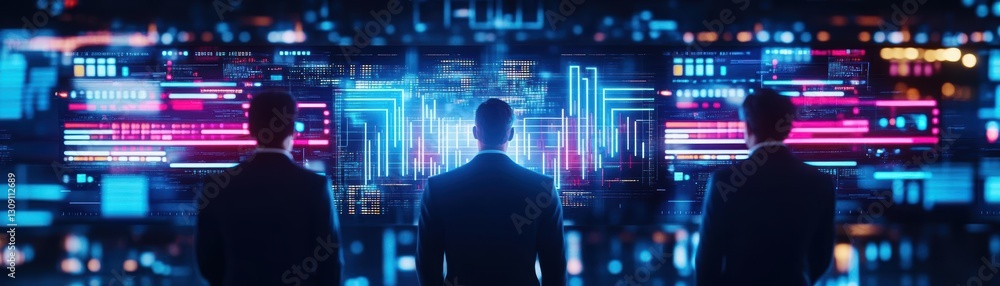 Poster two individuals engaged in conversation in front of a large digital screen displaying vibrant graphi