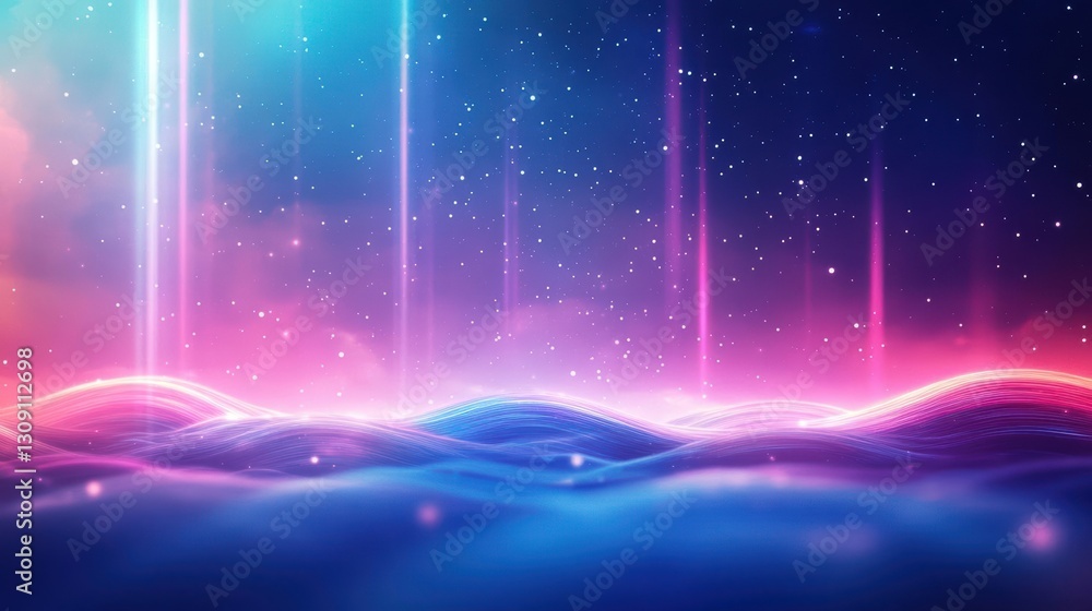 Poster vibrant colorful background featuring dynamic wave motif intermingled with shimmering stars creating