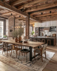 Fototapeta premium Rustic open-plan family room with exposed brick walls, wooden beams, and a large dining table for communal gatherings