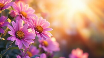 Radiant daisies in a garden bathed in golden sunlight, a serene natural scene