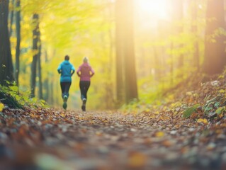 Obraz premium Dynamic Woman Running Through Lush Green Forest Path Surrounded by Tall Trees and Sunlight Filtering Through Leaves Inspiring Energy and Freedom