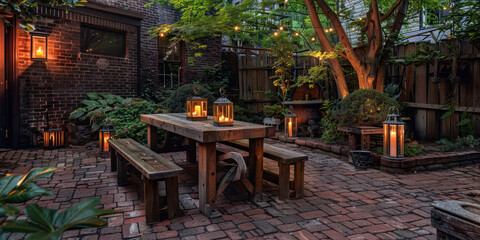 Rustic patio with brick flooring, wooden benches, and antique lanterns for evening ambiance