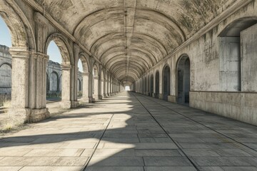 Obraz premium Arched corridor in an abandoned structure in daylight illuminating the vast pathway ahead