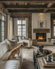 Rustic pet-friendly interior with natural fabrics, slip-proof rugs, and a cozy fireplace where pets can lounge