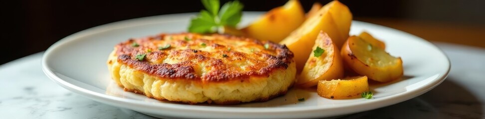 Golden brown hasbrown paired with crispy grilled potato on a marble plate, hasbrown, plate,