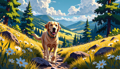Happy dog walking on a mountain path with flowers