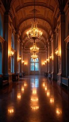 Grand hall with chandeliers sparkling in the night, chandelier, light, atmosphere