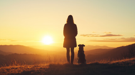 A silhouette of a person with their pet at sunset, standing on a hill overlooking a peaceful landscape. Soft, golden light symbolizes love, trust, and lifelong friendship. Cinematic depth, emotional