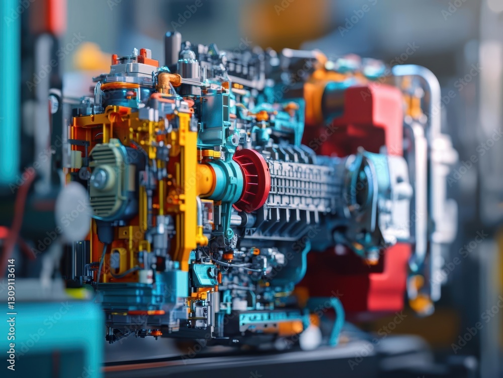 Poster close up view of a vibrant red and yellow engine in a machine showcasing intricate details and indus