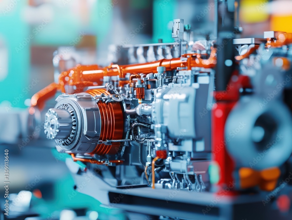 Poster intricate close up of a complex machine featuring a bold red and black gear symbolizing precision en