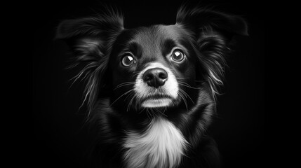 A black-and-white dog portrait, deep emotional expression in the eyes. Dramatic lighting, monochrome style, sense of nostalgia and sophistication. Fine-art pet photography, high-contrast, storytelling