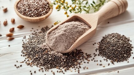 A scoop of plant-based protein powder surrounded by raw seeds like chia and flax, on a light-colored wooden table.