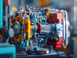 Fototapeta premium Close Up View of a Vibrant Red and Yellow Engine in a Machine Showcasing Intricate Details and Industrial Design Elements in a Workshop Setting