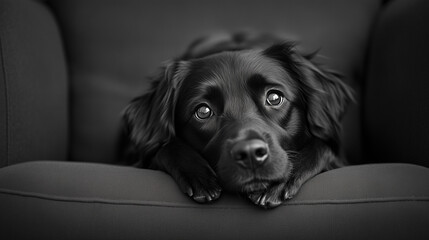 A black-and-white dog portrait, deep emotional expression in the eyes. Dramatic lighting, monochrome style, sense of nostalgia and sophistication. Fine-art pet photography, high-contrast, storytelling