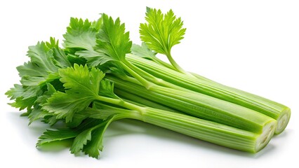 High-resolution image: fresh, crisp celery on a pristine white background. Ideal for culinary, vegan, and healthy eating visuals.