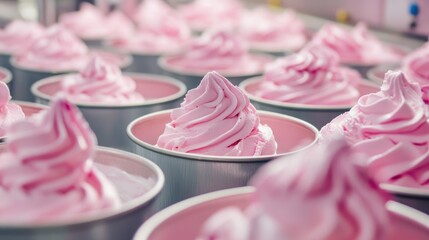 Delicate swirls of pink frozen yogurt sit in their containers waiting to be enjoyed