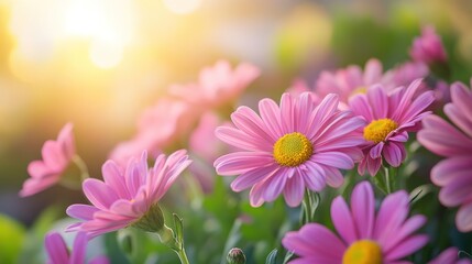 Fototapeta premium Delicate pink daisy flowers bathing in the sunlight's warmth, blooming in soft focus