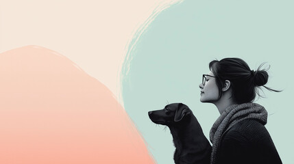 A modern, sleek one-line drawing of a dog and its owner. The simple black lines on a soft pastel background create a refined and artistic tribute to the bond between pet and humans. Elegant minimalism