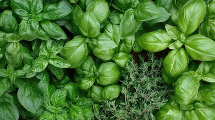 A selection of fresh herbs such as basil, rosemary, and thyme, displayed on a wooden board.